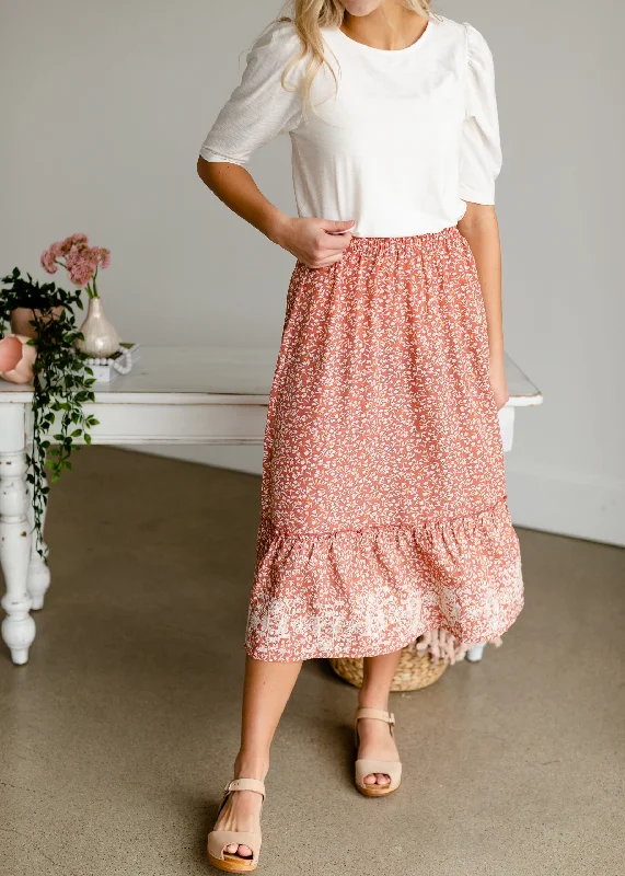 Embroidered Terracotta Tiered Midi Skirt velvet skirt glossy