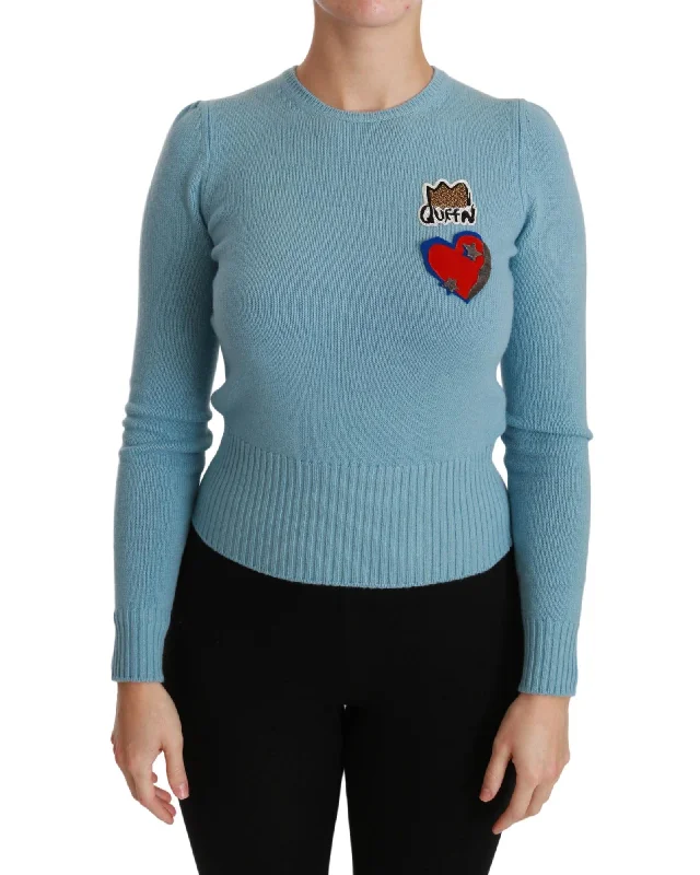 Dolce & Gabbana  Women's Heart Patch Cashmere Sweater Blue Embroidered Appliqued Beaded