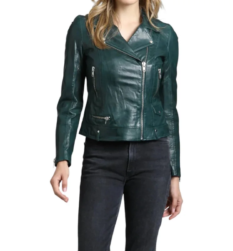 Classic Moto Leather Jacket In Green Vinyl Cotton Fabric Linen Fabric Terry Fabric