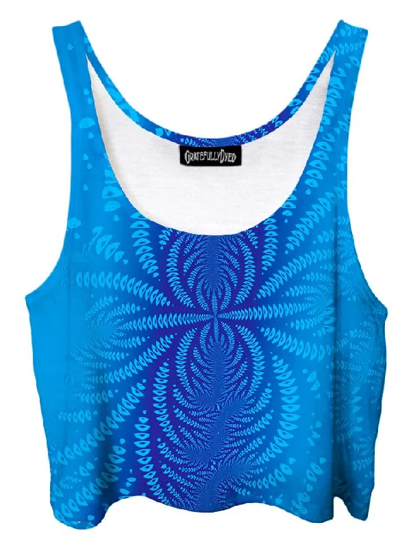 Tropical Trip Blue Sound Wave Fractal Crop Top Collared Crew Neck Turtle Neck