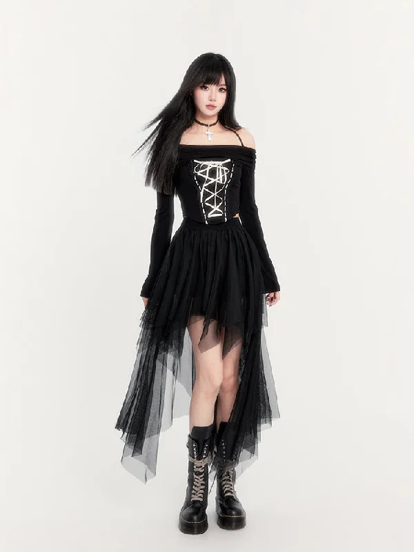 Off-Shoulder Gothic Corset Top and Asymmetric Tulle Skirt silk skirt luxurious