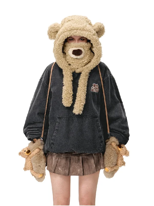 Bear Set Padded Hoodie Hoodie with Hem Patch Decorative Personalized
