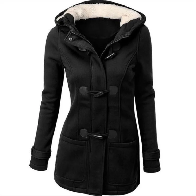 Women 's Hooded Woolen Classic Hornskin Buckle Jacket Coat Solid Color Casual Female Outwear Coat Rayon Jacket Velvet Jacket Corduroy Jacket