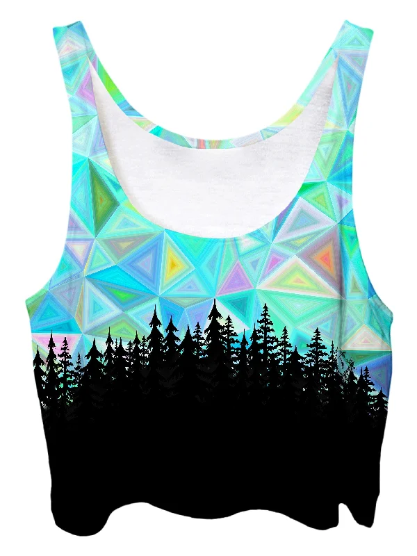 Blue Geometry Forest Crop Top Hooded Caped Shawl Collar