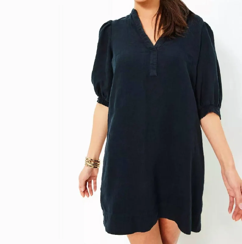 Mialeigh Elbow Sleeve Linen Dress In Noir
