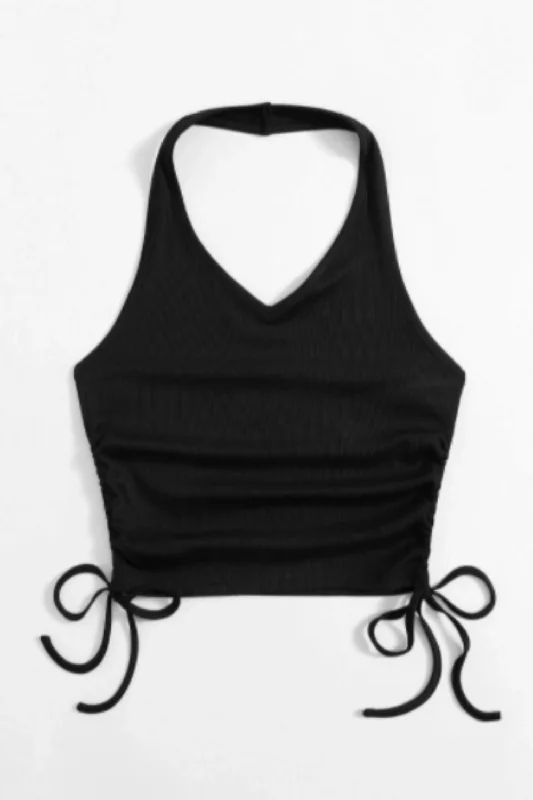 Solid Drawstring Side Ribbed Halter Crop Top Casual Formal Business