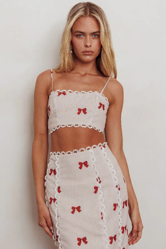 Chamberlain Scallop Trim Crop Top Red Bow Striped Floral Plaid