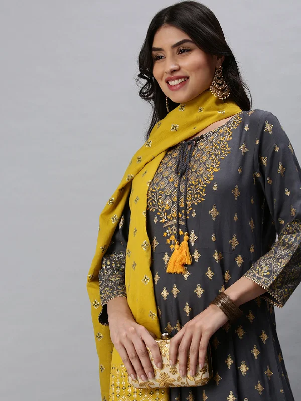 Women A-Line Grey Printed Kurta and Trousers-BC1250-Grey-Yellow Trousers stylish modern Women A-Line Grey Printed Kurta and Trousers-BC1250-Grey-Yellow Trousers stylish modern