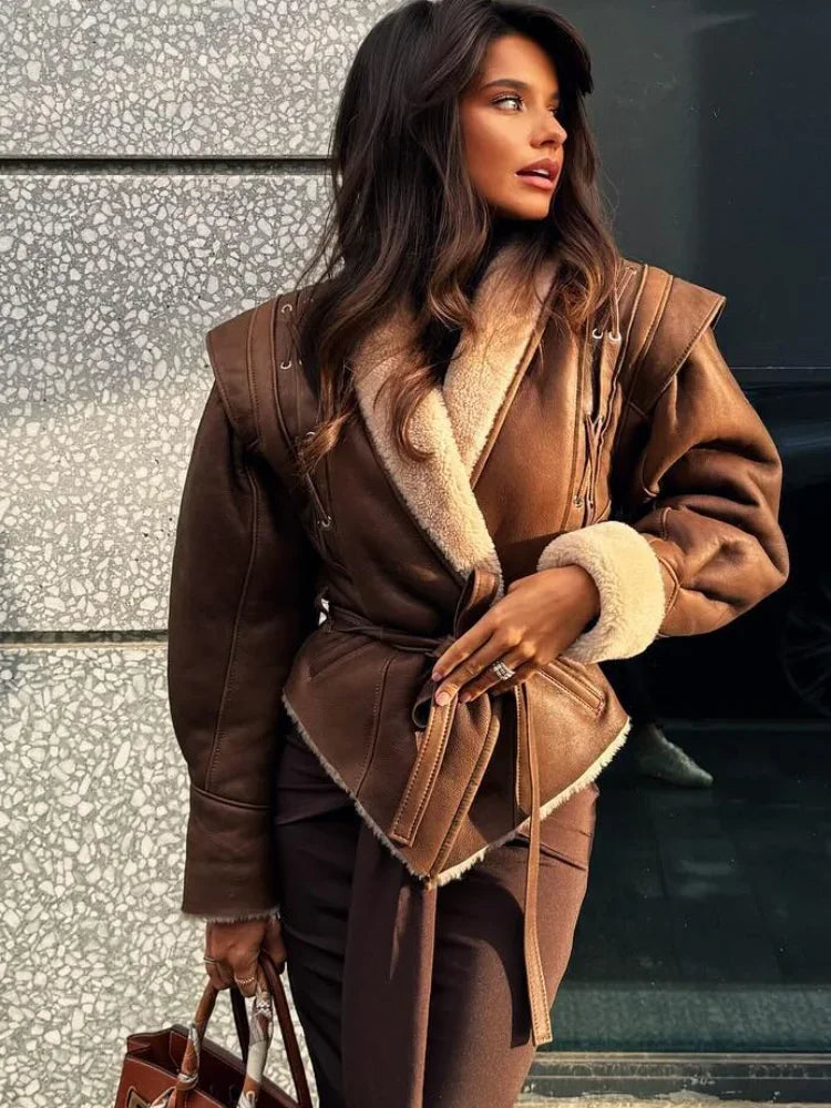 Advbridge Elegant Pu Leather Patchwork Jacket With Belt Women Fashion Long Sleeves Drawstring Tie Coat 2024 Female Thick Street Outwear Zippered Front Buttoned Front Snap Front Advbridge Elegant Pu Leather Patchwork Jacket With Belt Women Fashion Long Sleeves Drawstring Tie Coat 2024 Female Thick Street Outwear Zippered Front Buttoned Front Snap Front