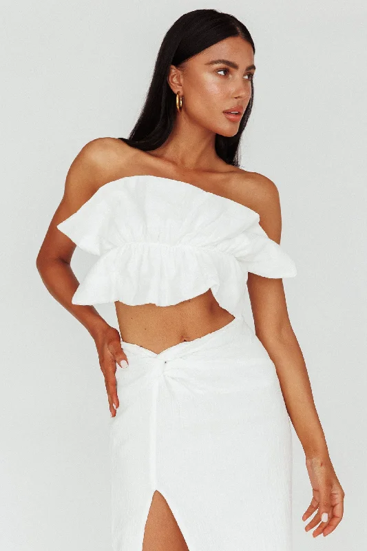 So Fine Ruffle Crop Top Off White Zippered Front Buttoned Front Snap Front
