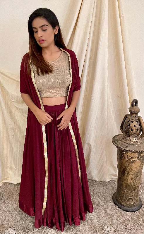 Maroon Skirt Crop Top and Cape Set Lace Blend Ribbed Blend Corduroy Blend