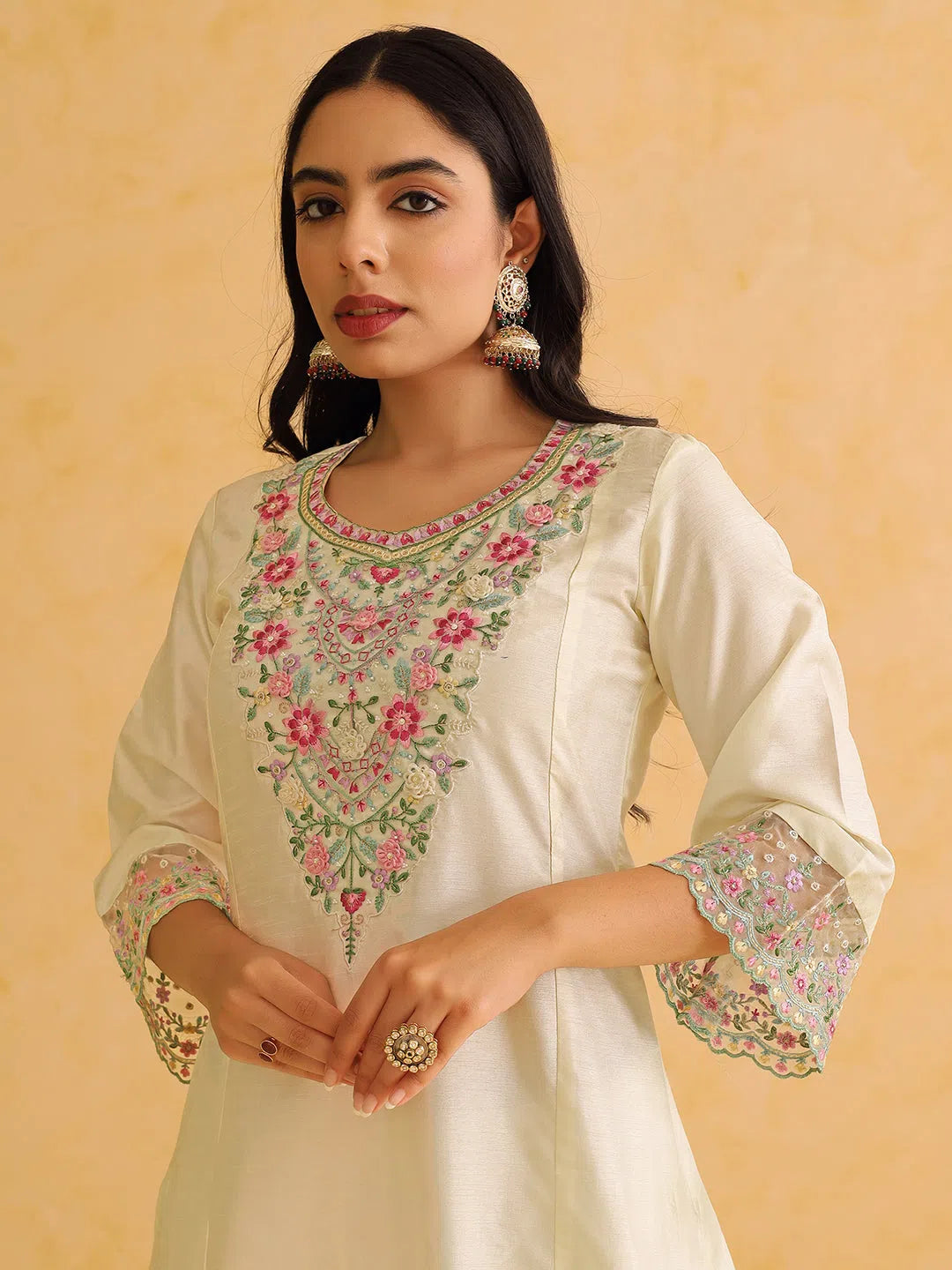 Ahika Women Off White Silk Blend Solid Embroidered Straight Kurta Trouser With Dupatta-PKSKD2476 Trousers sophisticated sleek