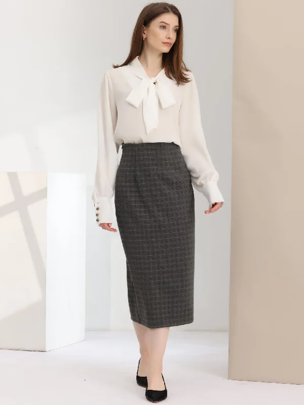 Women's Checked Plaid Printed High Waist Zipper Back Split Bodycon Midi Skirt wool skirt warm