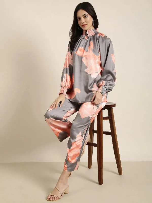 Women Oversized Grey Printed Top & Trousers Set-ON-779-Grey Trousers Winter Warm