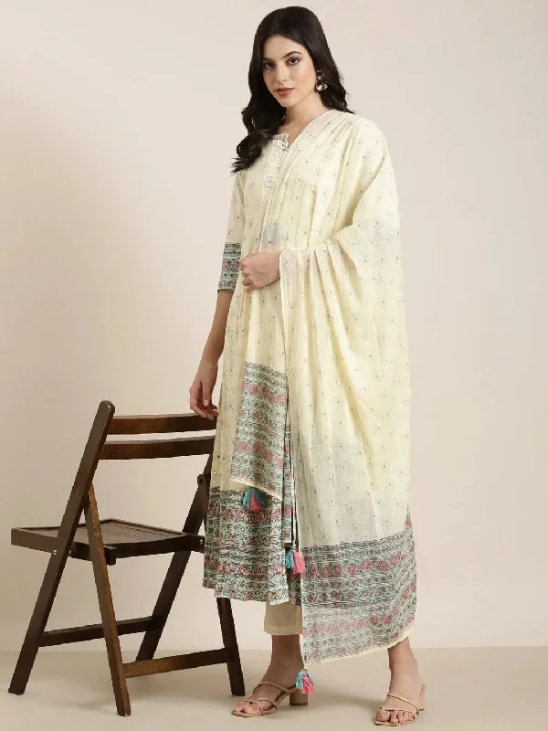 Women Anarkali Cream Floral Kurta and Trousers Set Comes With Dupatta-RF-2159-Cream Trousers fashionable chic Women Anarkali Cream Floral Kurta and Trousers Set Comes With Dupatta-RF-2159-Cream Trousers fashionable chic