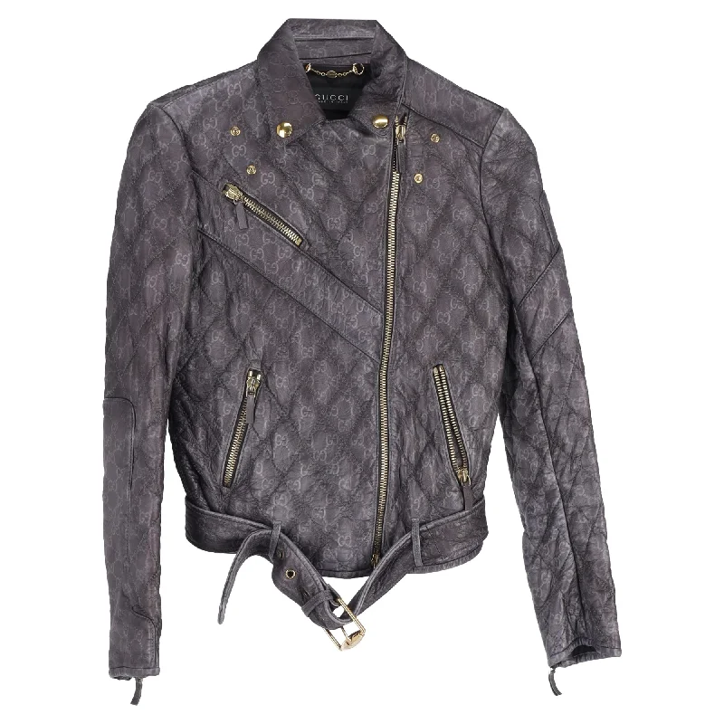 Gucci Monogram Biker Jacket in Black Leather Elasticated Jacket Padded Jacket Insulated Jacket