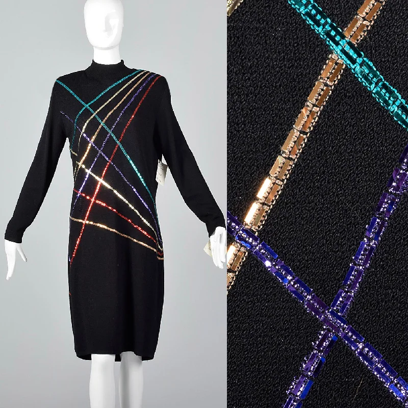 1980s St John Knit Sweater Dress with Sequin Stripes Plaid Sweater Polka Dot Checkered