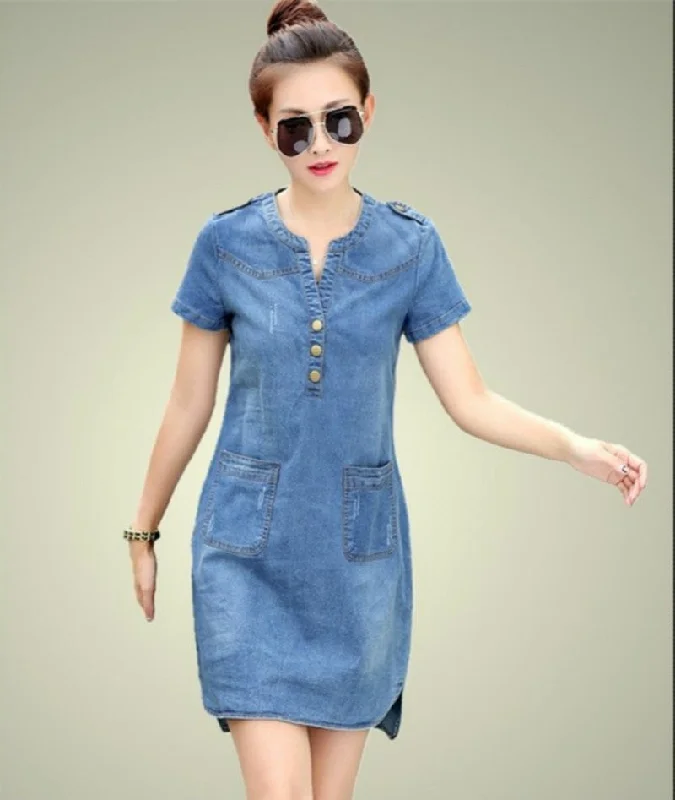 Denim Female Dresses with Short Sleeve Loose Casual V-neck Thin Long Dresses Women Plus Size Tops 176A 45