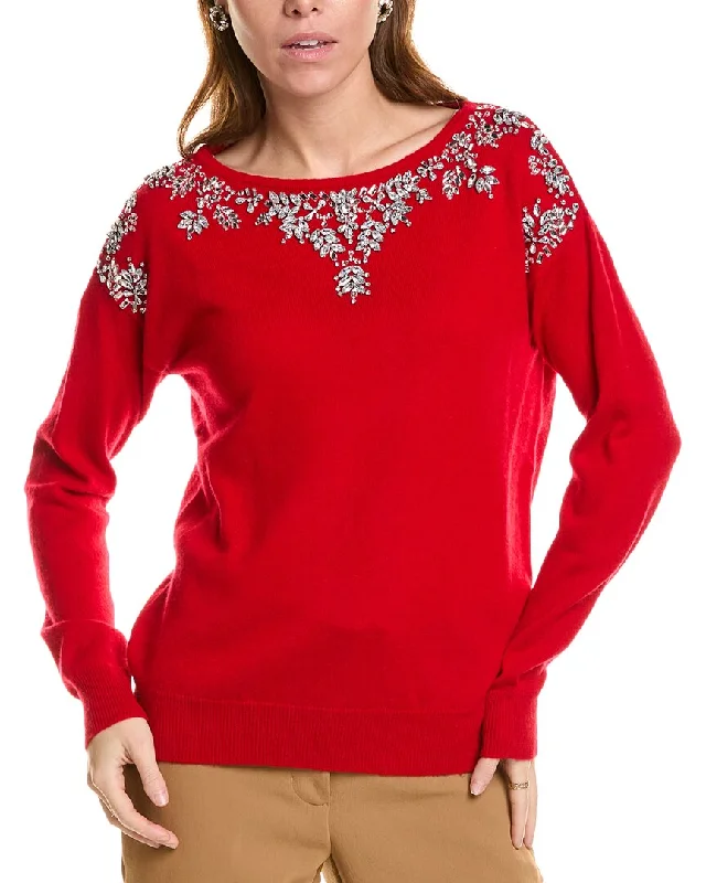 Sofiacashmere Embellished Boatneck Cashmere Sweater Mesh Sweater Canvas Denim