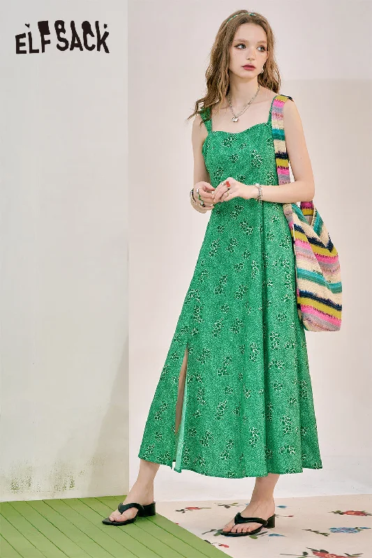 ELFSACK 2024 Summer New Green floral camisole dress for women with waist up temperament and vacation style skirt