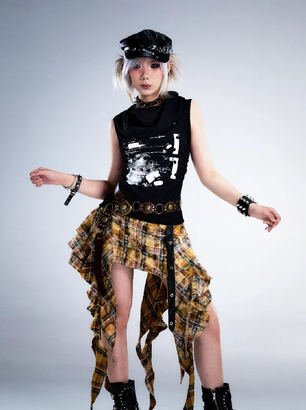 Frustration Garden Gothic Punk Asymmetrical Skirt - Yellow Plaid Ruffled Mini With Leather Straps linen skirt natural