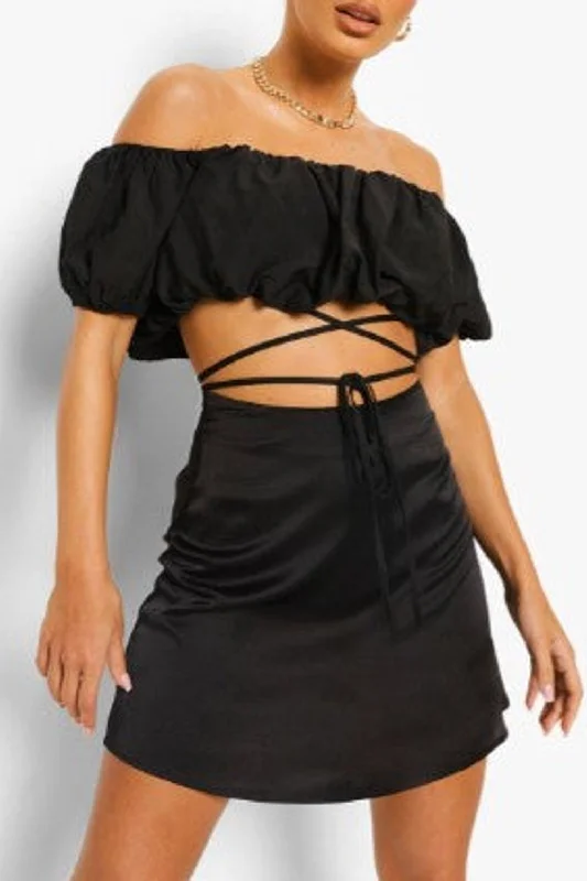 Black Woven Off The Shoulder Tie Waist Crop Top Hooded Caped Shawl Collar
