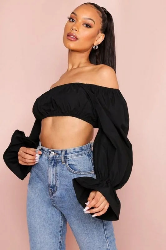 Off Shoulder Full Puff Sleeves Crop Top Wool Fabric Cashmere Fabric Tweed Fabric