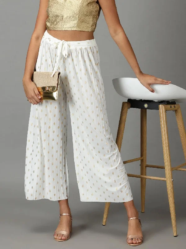 Women's White Printed Parallel Trouser-AC-04-White Trousers Essential Wardrobe