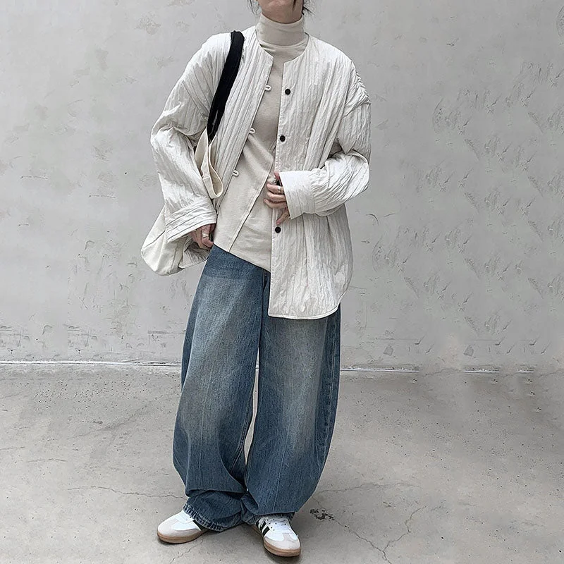 Loose Crew Neck Warm Shirt Jacket Zip Front Button Front Snap Front