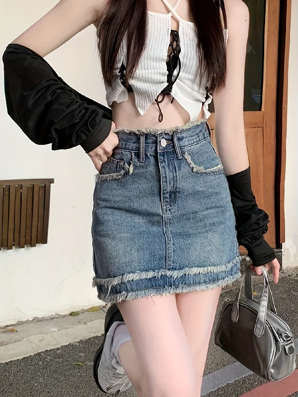 Raw Trim Washed Denim Mini Skirt, High Waist A-Line Denim Skirt, Women's Denim Clothing silk skirt luxurious Raw Trim Washed Denim Mini Skirt, High Waist A-Line Denim Skirt, Women's Denim Clothing silk skirt luxurious