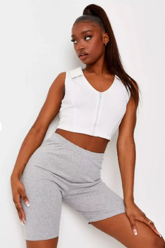 White V Neck Zip Up Crop Top Terry Blend Velvet Blend Canvas Blend