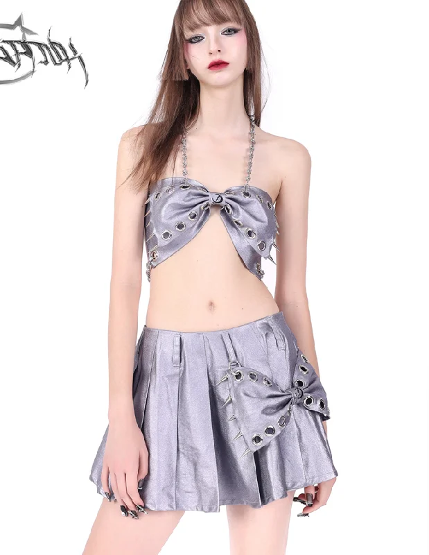 PINKSPINK Metallic Pleated Mini Skirt with Grommet Bow - Silver velvet skirt plush