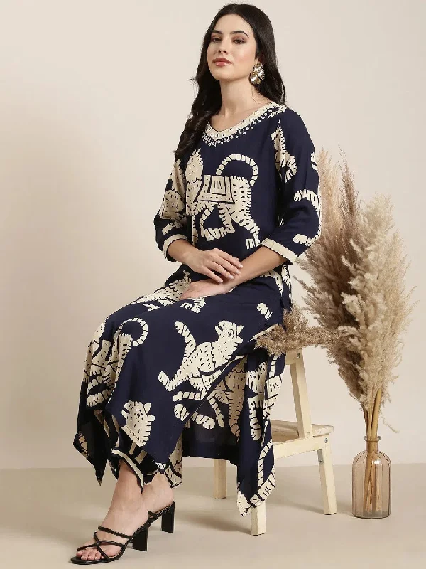 Women Straight Navy Blue Ethnic Motifs Kurta and Trousers Set-GW-4581-Navyblue Trousers Business Professional Women Straight Navy Blue Ethnic Motifs Kurta and Trousers Set-GW-4581-Navyblue Trousers Business Professional