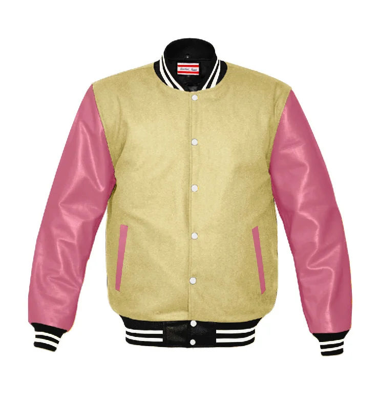 Original American Varsity Real Pink Leather Letterman College Baseball Women Wool Jackets #PKSL-WSTR-WB-BBand A-Line Jacket Boat Neck Shawl Collar