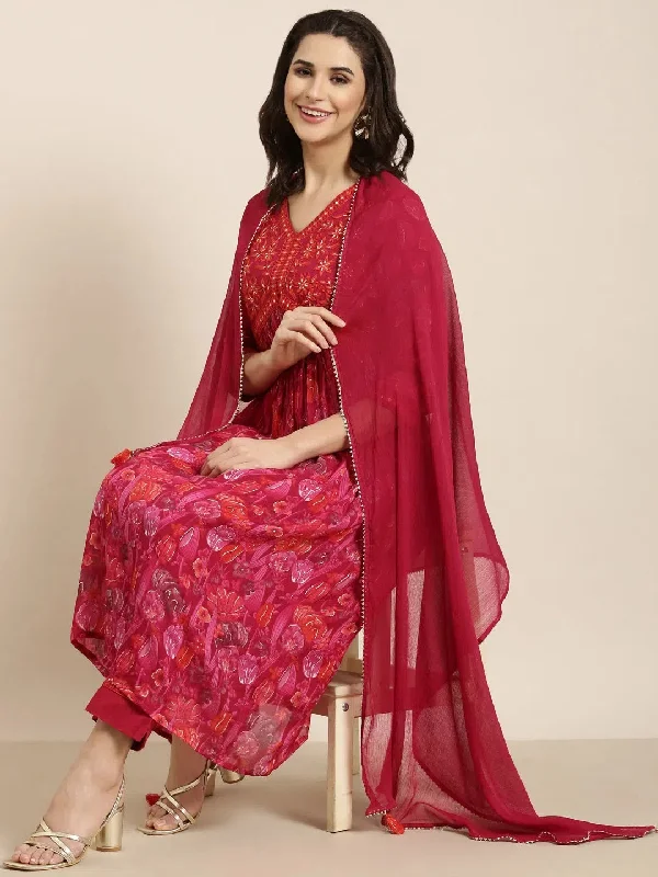 Women Anarkali Pink Floral Kurta and Trousers Set Comes With Dupatta-AT-A1377-KPD-Pink Trousers Top Rated Women Anarkali Pink Floral Kurta and Trousers Set Comes With Dupatta-AT-A1377-KPD-Pink Trousers Top Rated