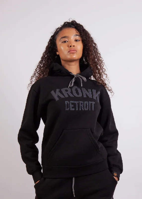 KRONKWOMEN Detroit Applique Hoodie Regular Fit Black with Charcoal logo Hoodie with Button Placket Classic Preppy KRONKWOMEN Detroit Applique Hoodie Regular Fit Black with Charcoal logo Hoodie with Button Placket Classic Preppy