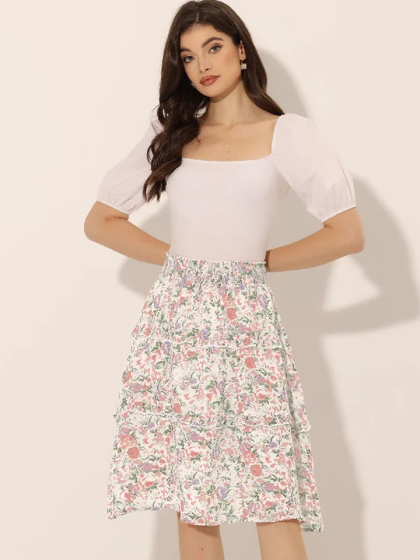 Floral Smocked Elastic Waist Knee Length Ruffle Tiered Skirt leather skirt refined