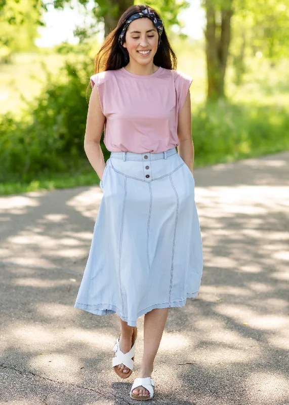 Light Wash Stretch Chambray Midi Skirt - FINAL SALE relaxed fit skirt