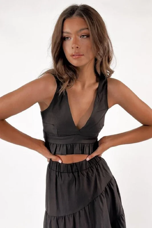 Pretty Lady Black Crop Top Wool Fabric Cashmere Fabric Tweed Fabric