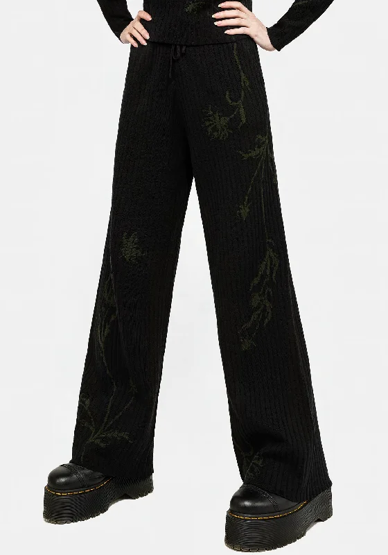 Diastella Floral Jacquard Rib Knit Trousers Trousers Denim Blue