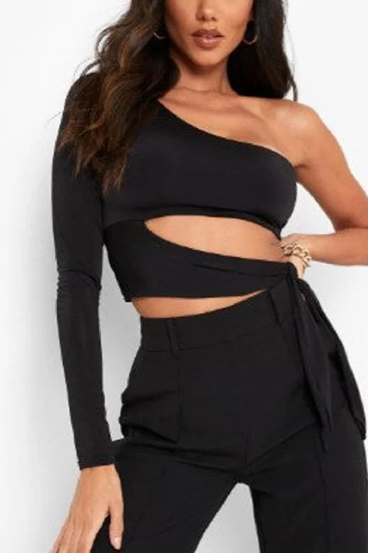 Double Layer Slinky One Sleeve Wrap Crop Top Front Pockets Side Pockets Patch Pockets