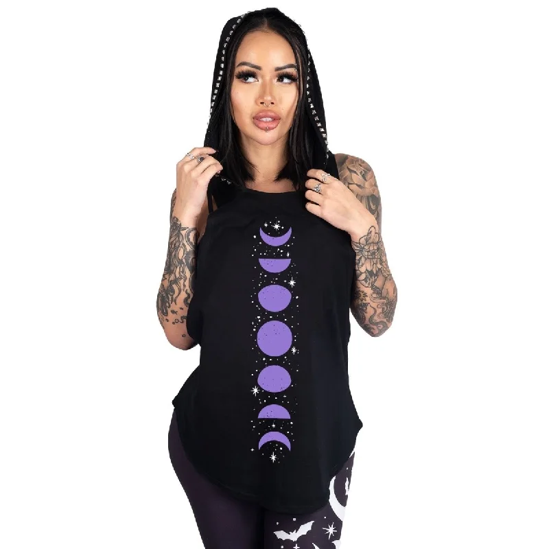Purple Moon Phases Studded Hoodie Tank Hoodie with Exposed Zipper Edgy Industrial