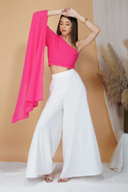 One-shoulder crop top and Pants Set Spandex Blend Rayon Blend Denim Blend