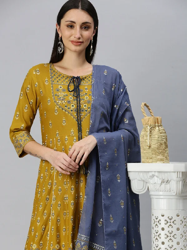Women Anarkali Mustard Printed Kurta and Trousers Comes with Dupatta-BC1242-Mustard-Blue Trousers luxurious high-end Women Anarkali Mustard Printed Kurta and Trousers Comes with Dupatta-BC1242-Mustard-Blue Trousers luxurious high-end