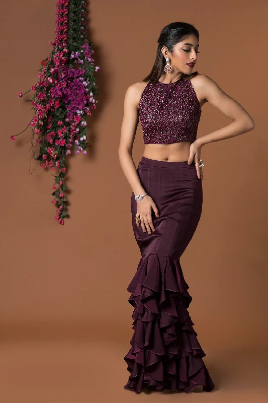 Wine Ctop Top With Ruffle Skirt cashmere skirt soft