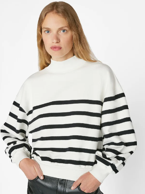 Balloon Sleeve Mockneck Sweatshirt -- Off White Multi Hoodie with Relaxed Fit Easy Casual