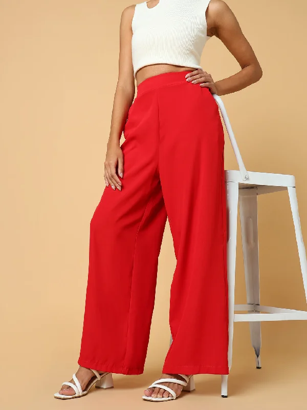 Women Solid Red Trouser-2572-Red Trousers Harem Relaxed Fit
