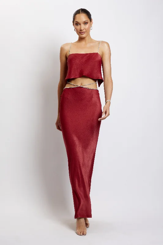 Dayana Diamante Maxi Skirt - Wine ruffled skirt detail