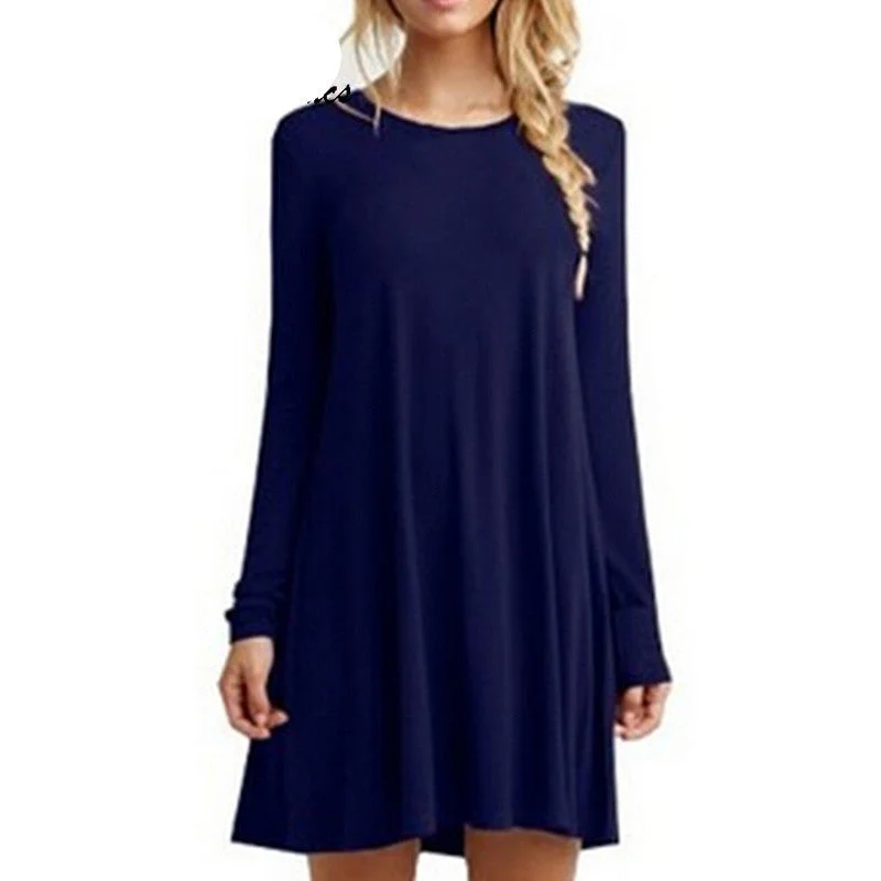 Autunm Winter Women Fashion Casual Vestidos Dresses Loose Solid O-Neck Knee-Length Dress