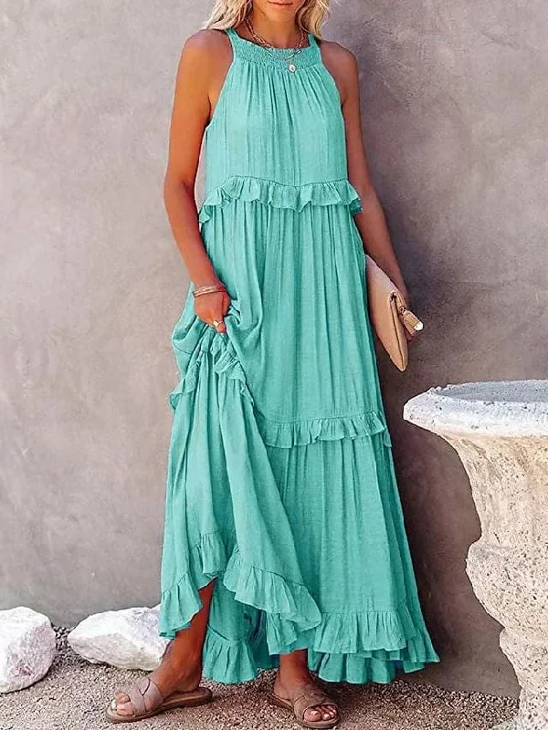 Rosa Clothing Resort-Style Ruffles Swing Floaty Beach Dress in Blue